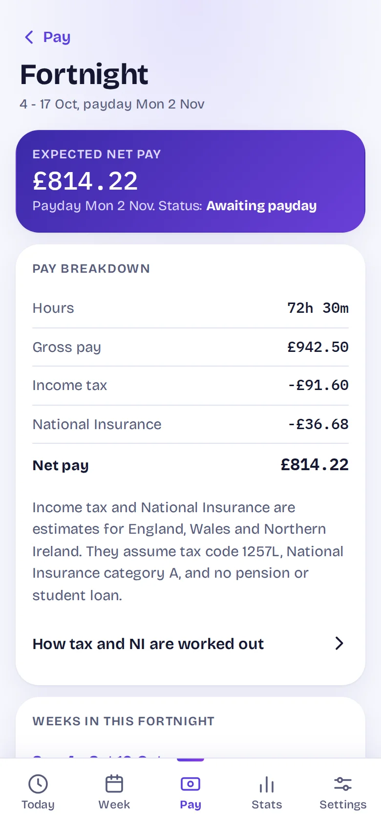 Fortnight pay screen with an expected net pay card of £814.22, above a breakdown of hours, gross pay, income tax, National Insurance and net pay.