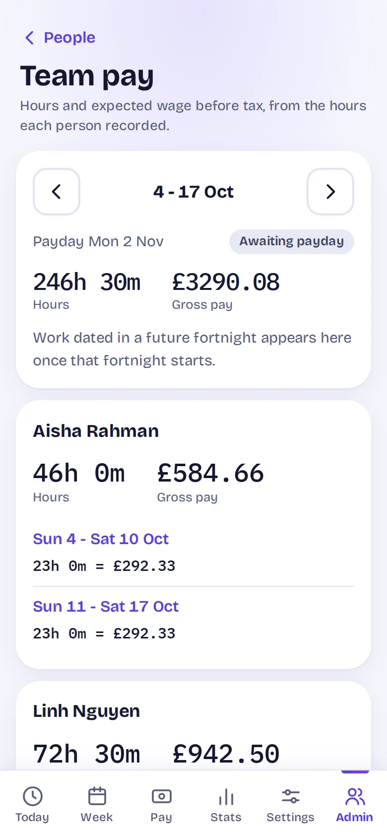 Manager's team pay screen for one fortnight, with total hours and wages at the top and a card for each person.