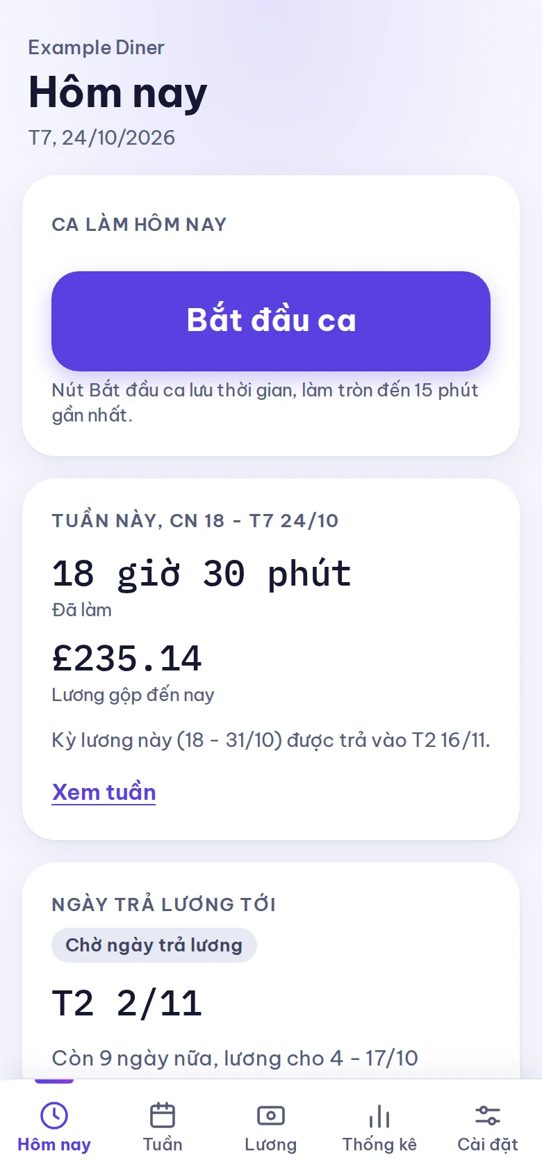 Today screen in Vietnamese with a Bắt đầu ca button.